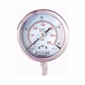 RAJTEK Stainless Steel Pressure Gauge  020 Bar, 2.5" Dial, 1/4" NPT Bottom Connection